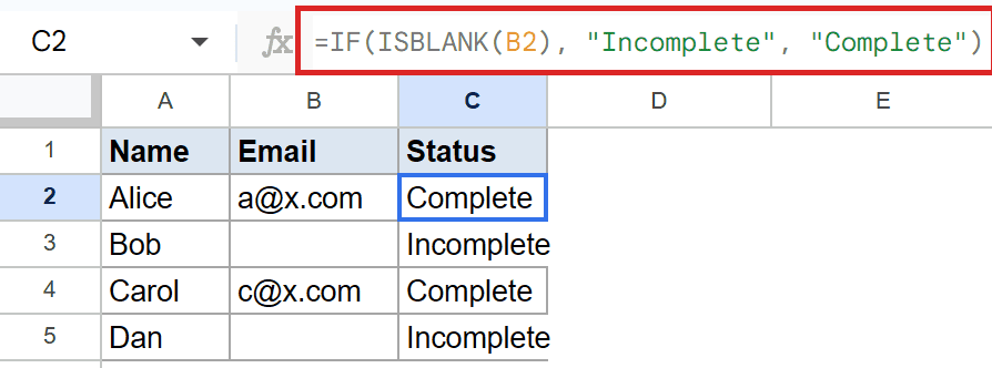 Google Sheets with ISBLANK formula in formula bar, classifying email entries as complete or incomplete.