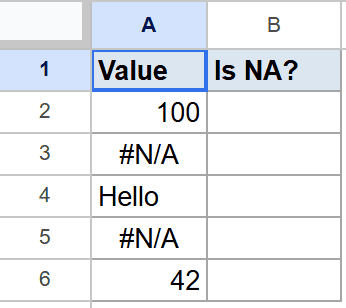 Google Sheets: 'Value' column shows data including #N/A. 'Is NA?' column is blank.
