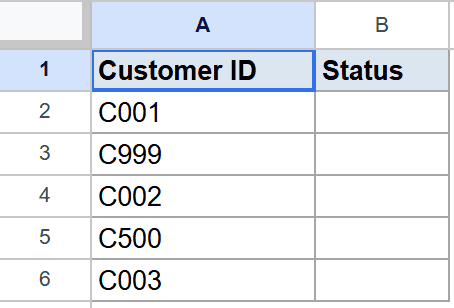 Google Sheet with Customer IDs in column A and an empty Status column B.