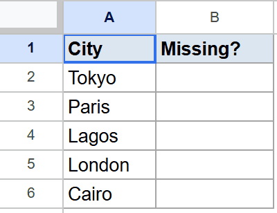 Google Sheets example dataset showing City names in column A and an empty 'Missing?' column B.