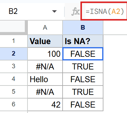 Google Sheets ISNA tutorial: `=ISNA(A2)` formula in B2 shows FALSE.