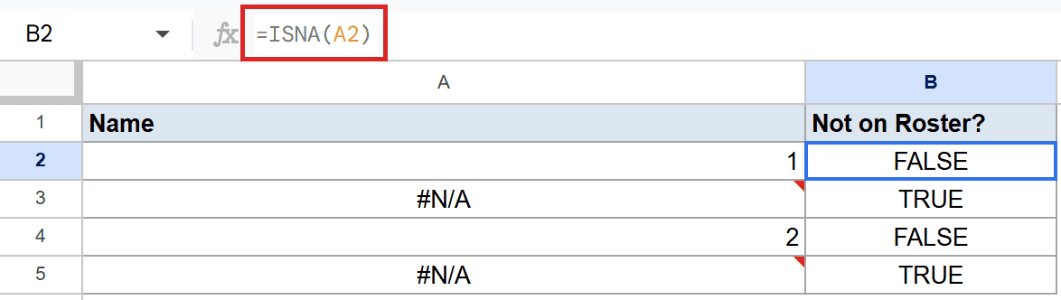Google Sheets: highlighted formula =ISNA(A2) in cell B2, evaluating to FALSE.