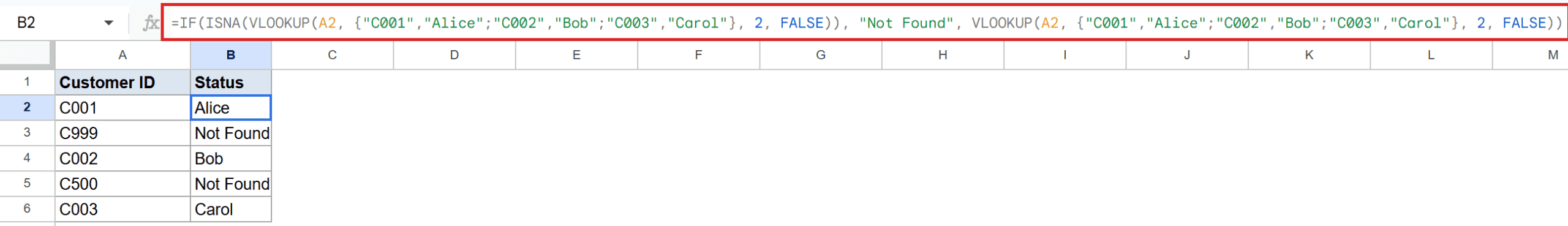 Google Sheet showing `IF(ISNA(VLOOKUP(...))` formula in B2 returning Alice.