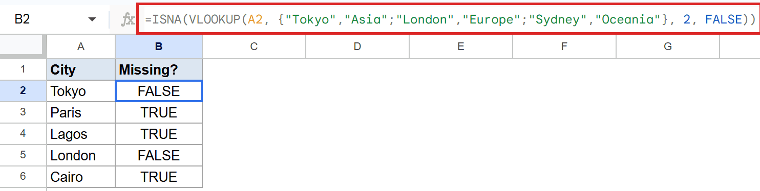 Google Sheets: B2 shows the ISNA(VLOOKUP) formula detecting N/A errors, resulting in FALSE.