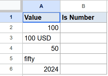 Google Sheets showing 'Value' column with mixed numeric and text entries; 'Is Number' is blank.