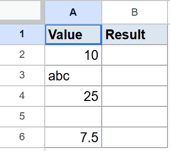 Google Sheet showing 'Value' column with mixed data and empty 'Result' column.