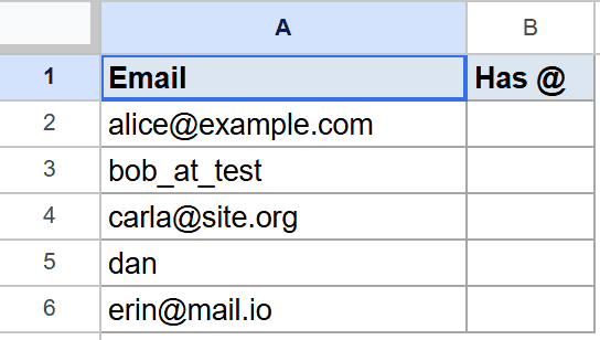 Google Sheet: Email data examples, some with '@', and an empty 'Has @' column.