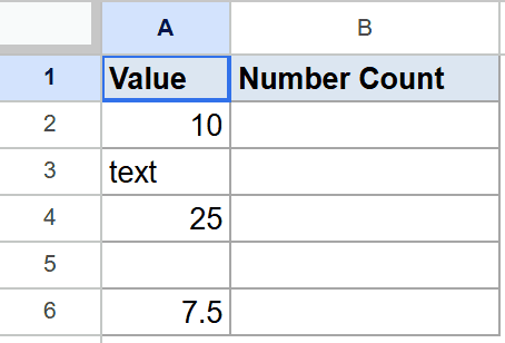 Google Sheet: "Value" column A has numbers and text; "Number Count" column B is empty.