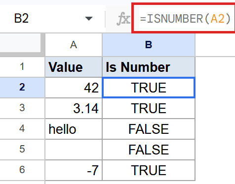 Google Sheets: `ISNUMBER(A2)` formula in formula bar makes cell B2 TRUE.