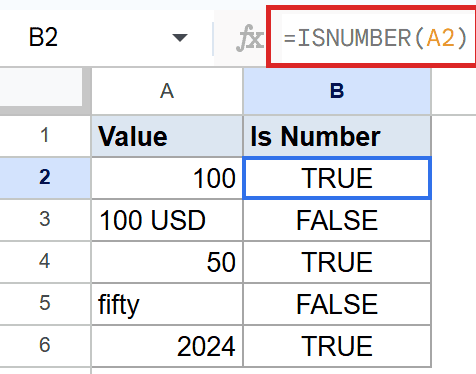 Google Sheets: Formula =ISNUMBER(A2) in B2 returns TRUE for the value 100.