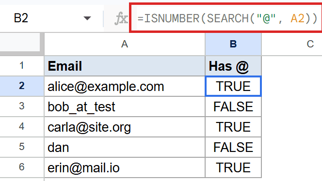 Google Sheets formula in B2: `=ISNUMBER(SEARCH("@", A2))` determines if email strings contain '@'.