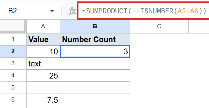 Google Sheets: Formula `=SUMPRODUCT(--ISNUMBER(A2:A6))` in formula bar, cell B2 shows 3.
