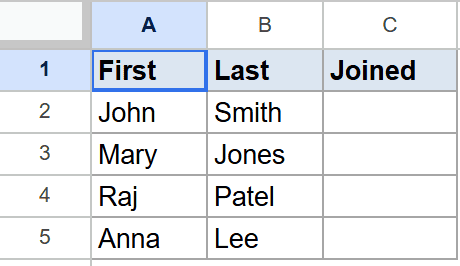 Google Sheets dataset with 'First' and 'Last' names, and an empty 'Joined' column.