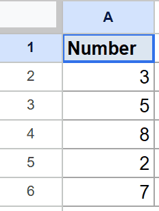 Google Sheets dataset: Column A titled "Number" with values 3, 5, 8, 2, 7.
