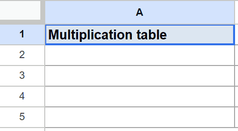 Google Sheets: 'Multiplication table' in selected cell A1, dataset for LAMBDA tutorial.