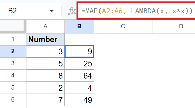 Google Sheets: `MAP(A2:A6, LAMBDA(x, x*x))` in formula bar, outputs squared numbers.