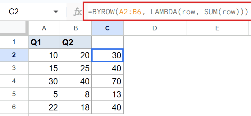 Selected cell C2 in Google Sheets; formula bar shows =BYROW(A2:B6, LAMBDA(row, SUM(row))).