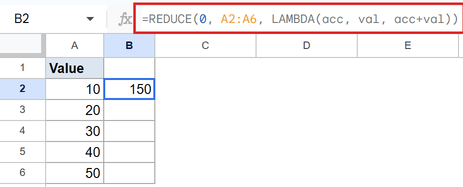 Google Sheets: cell B2 shows 150; formula bar displays REDUCE LAMBDA summing A2:A6.