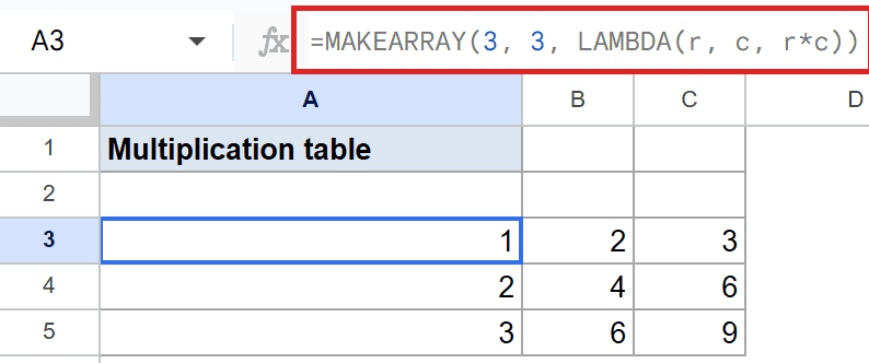 Formula bar in A3 shows MAKEARRAY LAMBDA creating a 3x3 multiplication table.