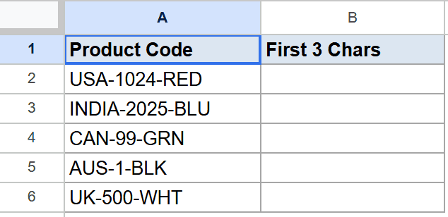 Google Sheets example 1 dataset: Product codes in A, empty column B for first 3 characters.