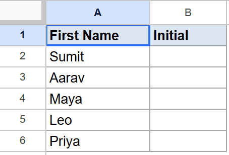 Google Sheets dataset: 'First Name' column with five names, and an empty 'Initial' column.