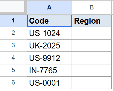Google Sheet showing Code column with codes like "US-1024", and empty Region column.