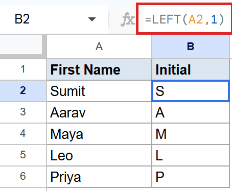 Google Sheets LEFT function tutorial showing `=LEFT(A2,1)` extracting 'S' for 'Sumit'.