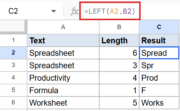 Google Sheets LEFT function tutorial showing formula `=LEFT(A2,B2)` and "Spread" result in C2.