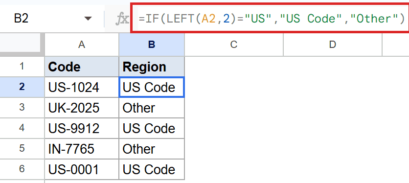 Google Sheets: B2's formula bar shows `=IF(LEFT(A2,2)="US", "US Code", "Other")`.