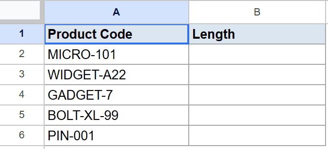 Google Sheet: 'Product Code' in A1, 'Length' in B1, five product codes below A1.