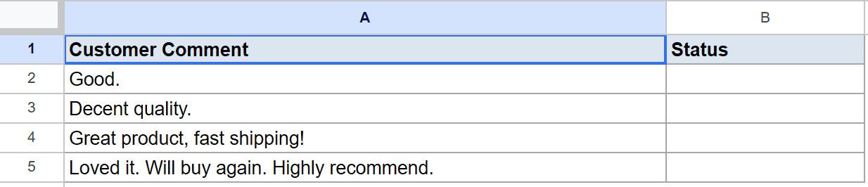 Google Sheet with "Customer Comment" data in column A and an empty "Status" column B.