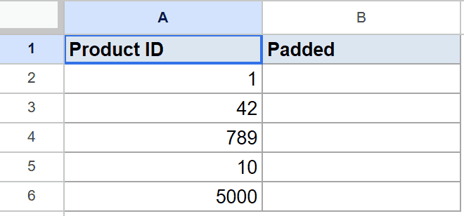 Google Sheet with Product IDs (1, 42, 789, 10, 5000) and an empty 'Padded' column.