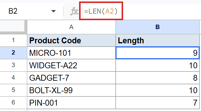 Google Sheets: Cell B2 shows =LEN(A2) in formula bar, result 9 for 'MICRO-101'.