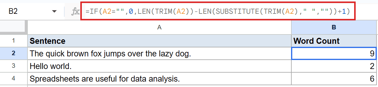Google Sheets: Example 3 word count formula in B2 shows 9 words for A2's sentence.