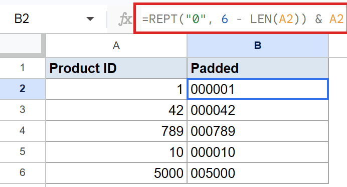 Google Sheets: B2 formula `=REPT("0", 6 - LEN(A2)) & A2` pads Product IDs with zeroes.