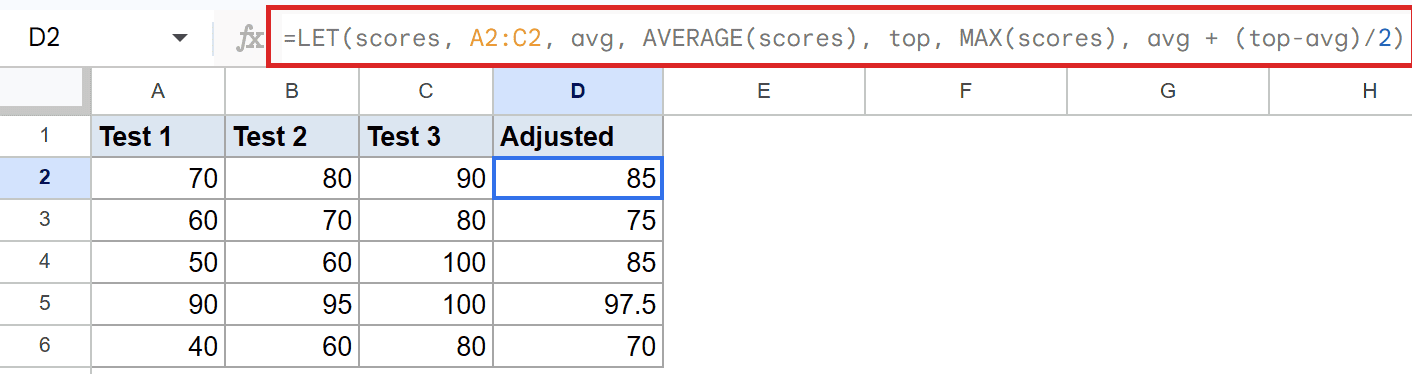 Google Sheets: Formula bar displays the LET function calculating adjusted score 85 in D2.