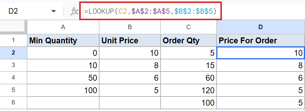 Google Sheet: D2 contains `=LOOKUP(C2, $A$2:$A$5, $B$2:$B$5)`, resulting in 10.