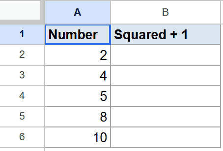 Google Sheets MAP function dataset: 'Number' column (2,4,5,8,10), 'Squared + 1' empty.