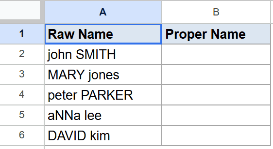 Google Sheet: Column A lists raw, mixed-case names; Column B, 'Proper Name', is empty.