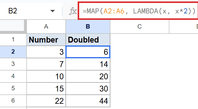 Formula for Example 1 in cell B2.