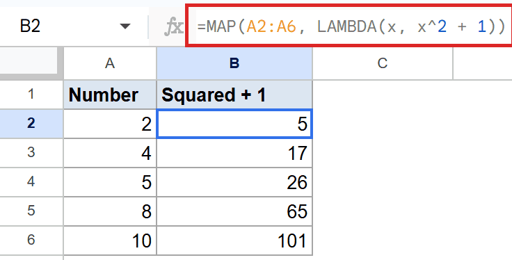 Google Sheets: MAP function with LAMBDA(x, x^2 + 1) applied to A2:A6, spilling results.