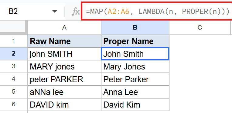 Google Sheets showing MAP, LAMBDA, PROPER formula in B2 converting raw names to proper names.