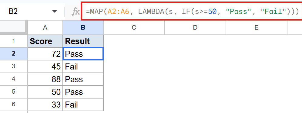 Google Sheet shows MAP and LAMBDA formula in B2, generating Pass/Fail results from scores.