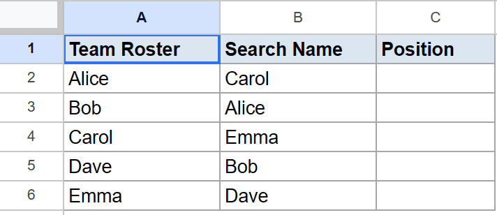 Google Sheets: Dataset for MATCH tutorial with Team Roster, Search Name, empty Position column.