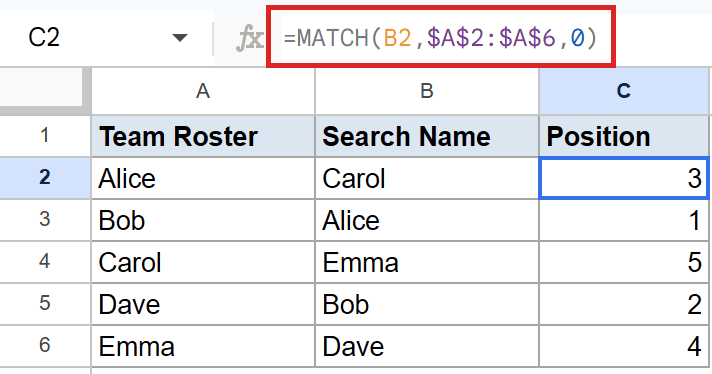 Google Sheets: MATCH formula `=MATCH(B2,$A$2:$A$6,0)` shown in C2's formula bar.