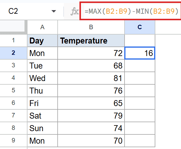 Google Sheets formula bar displays =MAX(B2:B9)-MIN(B2:B9); cell C2 shows 16.