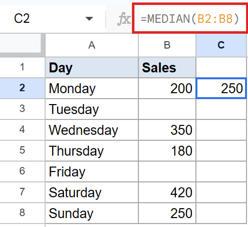 Google Sheets Example 2: C2 displays 250 from =MEDIAN(B2:B8) formula.