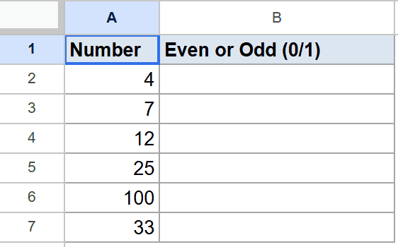 Google Sheets with a "Number" column of values and an empty "Even or Odd (0/1)" column.