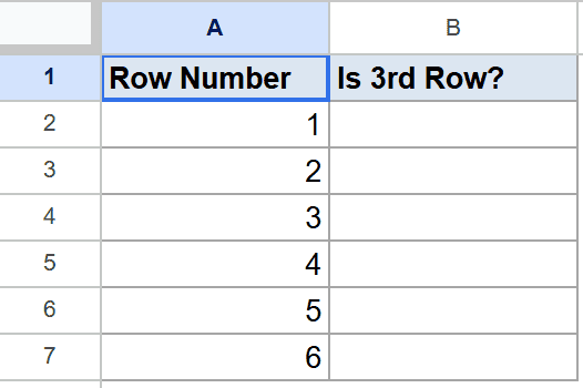 Google Sheets showing 'Row Number' (1-6) in column A and 'Is 3rd Row?' heading.