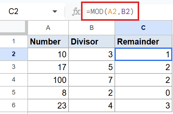 Google Sheets: Formula bar shows =MOD(A2, B2) for C2, calculating remainder in a table.